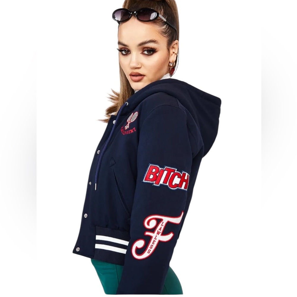 POSTER GIRL | LIKE NEW navy graphic Meet Your Match Varsity Jacket